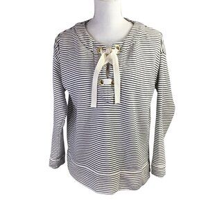 Vineyard Vines Bateau Pullover Lace Up Top Stripe Gold Eyelet French Terry Sz S